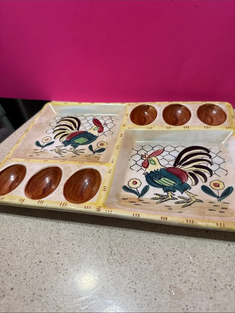 Vintage Italian Porcelain Deviled Egg Serving Platter with Rooster Pattern